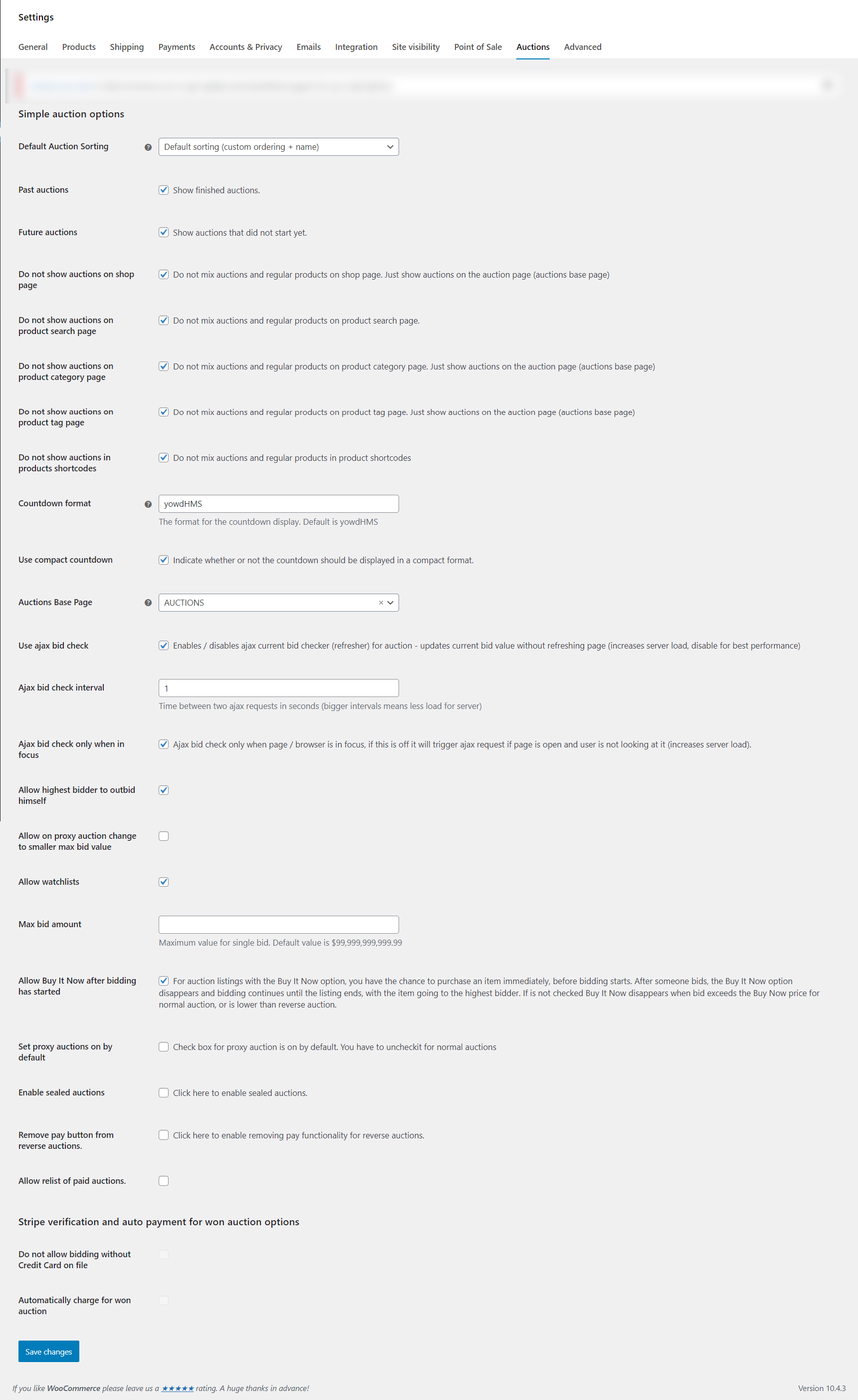 Auction settings page